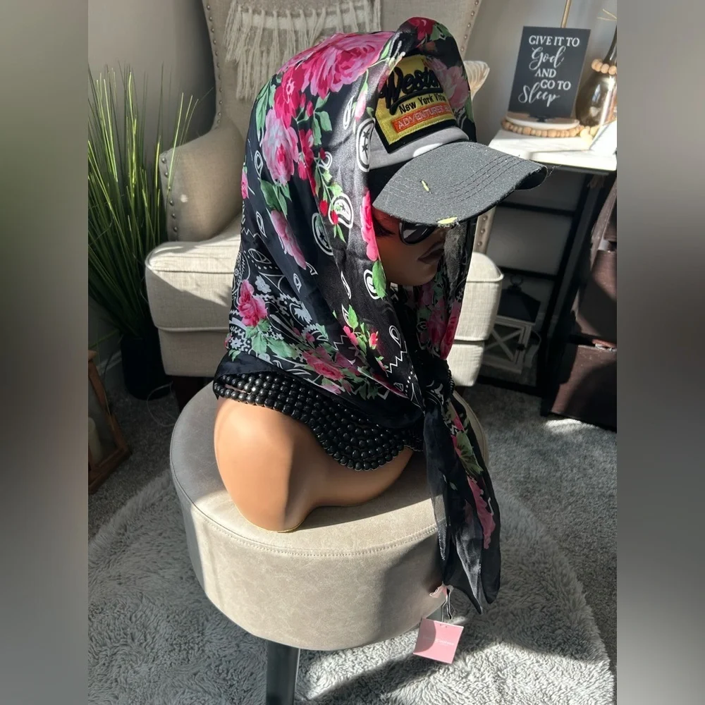 ✨NEW Juicy Couture Black and Pink Floral Faux Silk Scarf